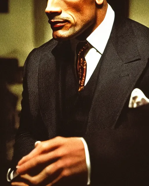 Image similar to film still close up shot of dwayne johnson as vito corleone from the movie the godfather. photographic, photography