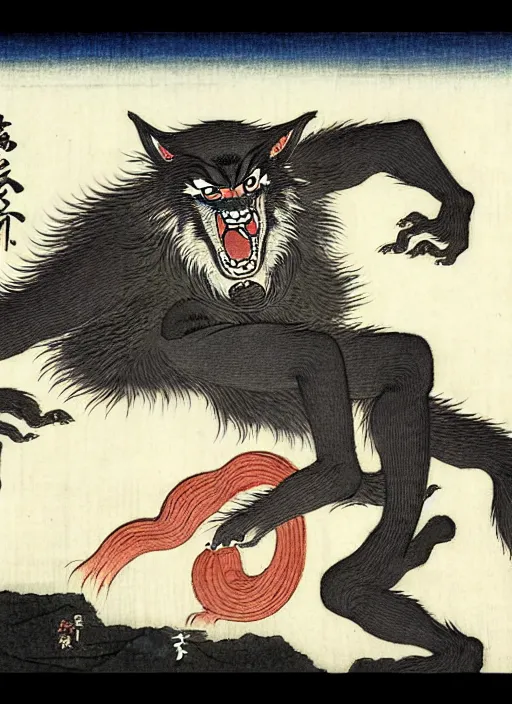 Image similar to a werewolf as a yokai illustrated by kawanabe kyosai and toriyama sekien