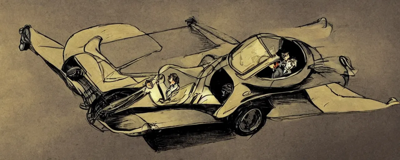 Prompt: a flying car from the future in the style of Touluse Lautrec