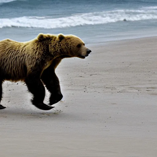 Prompt: jim carrey riding a bear on the beach