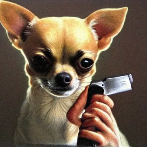 Image similar to chihuahua holding a pistol, drawing