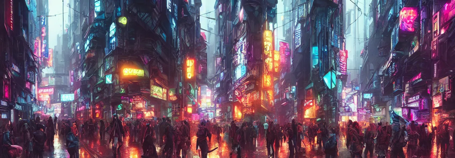 Image similar to overly crowded street of a cyberpunk city, rain, harsh neon lights, highly detailed, digital painting, trending on artstation, concept art, sharp focus, illustration, art by artgerm and greg rutkowski and magali villeneuve