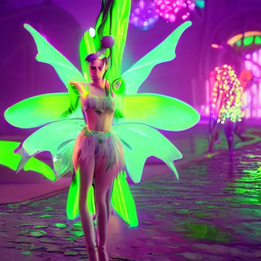 Image similar to neon fluorescent, iridescent beautiful fairies cyperpunk 2 0 7 7, unreal engine 5, 8 k ultra realistic, hyperdetailed, volumetric lighting, extremely high quality