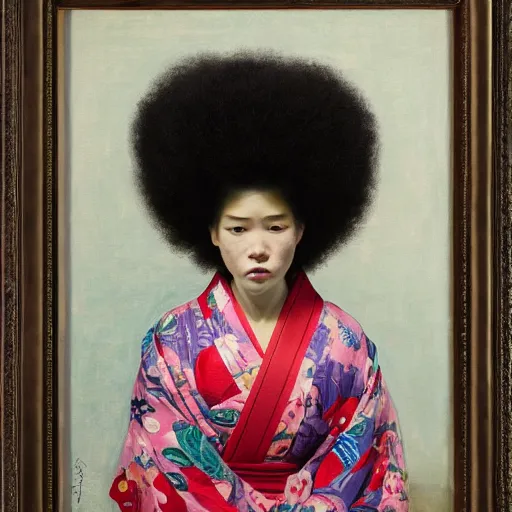 Image similar to girl with a samurai mask on, with afro, in kimono, frontview, sitting on edge of the bed, by jeremy lipking, tim rees, joseph todorovitch