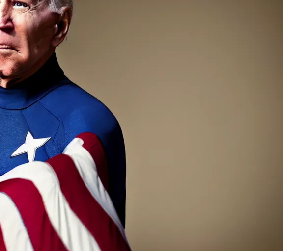 Image similar to joe Biden wearing a captain America costume, photorealistic, highly detailed, cinematic, dramatic lighting