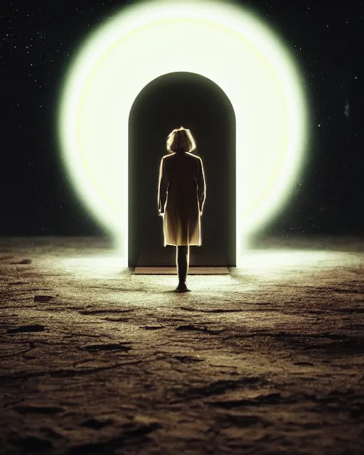 Image similar to a person standing in front of a glowy open door that's on a barren moon, poster art by mike winkelmann, trending on cg society, space art, sci - fi, ue 5, futuristic, volumetric lighting, light casting onto the ground, neat composition and camera angle