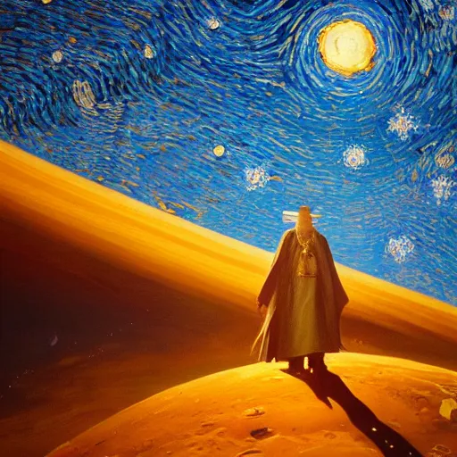 Image similar to an epic painting of an orthodox patriarch walking along an airless icy planet in the endless starry night of space, unreal 5, DAZ, detailed, soft focus, brilliant, 4k, 8k, HD, trending on artstation, art by Rick Guidice painting by Robert McCall by John Harris, abstract