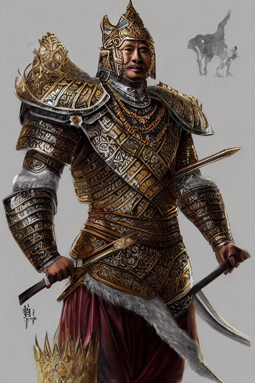 Image similar to full body portrait of king ramkamhaeng the great, leather armor, tai ethnic group, highly detailed, digital painting, watercolor, artstation, concept art, smooth, sharp focus, illustration, art by jakrapan posayakrit