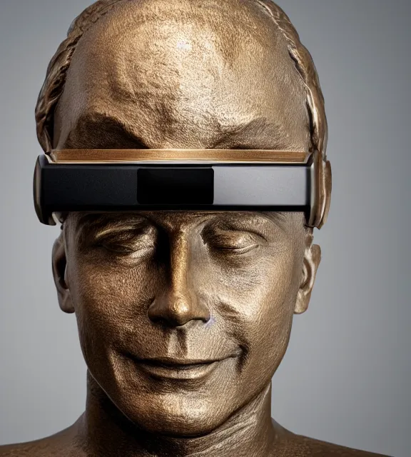 Image similar to a 4 k photorealistic photo medium shot of a bronze statue of a man wearing a vr headset on his head.