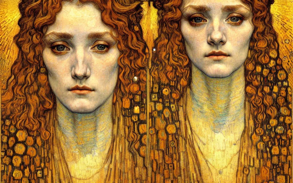 Image similar to detailed realistic beautiful young medieval queen face portrait by jean delville, gustav klimt and vincent van gogh, art nouveau, symbolist, visionary, gothic, pre - raphaelite, muted earthy colors, desaturated