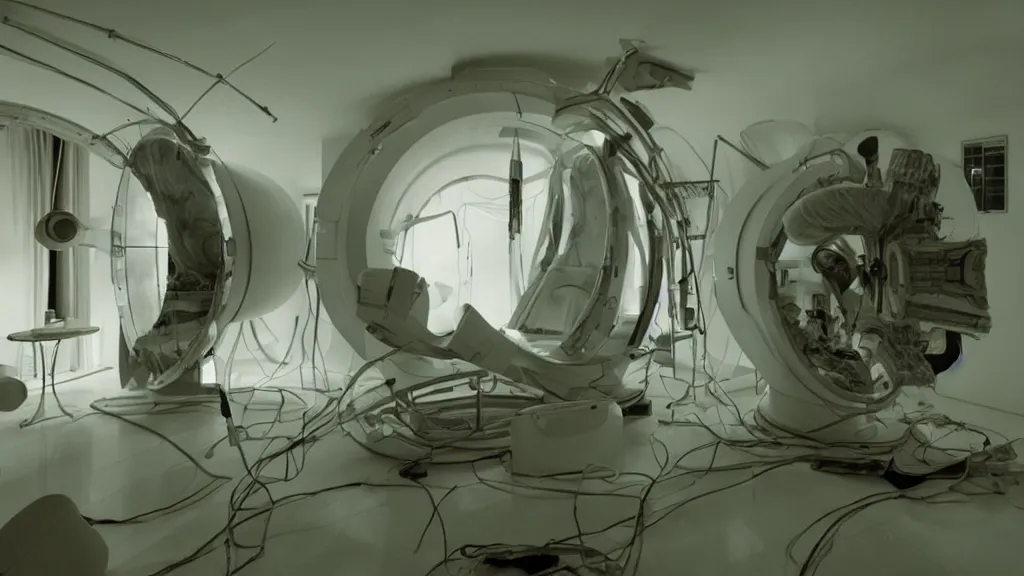 Image similar to an mri section of james cavell in the living room, film still from the movie directed by denis villeneuve with art direction by salvador dali, wide lens