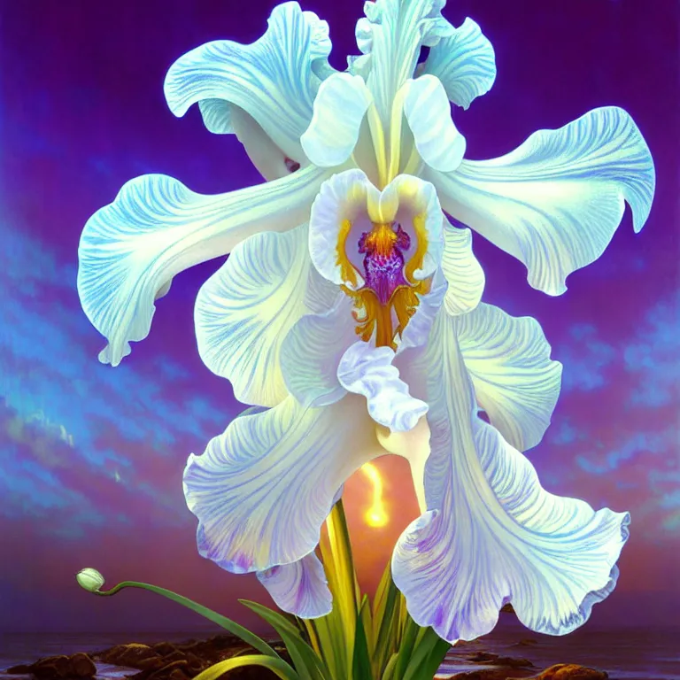 Image similar to detailed giant white holographic orchid iris hybrid flower surrounded by ocean waves, lsd water, lsd ripples, droplets, backlit, sunset, refracted lighting, art by collier, albert aublet, krenz cushart, artem demura, alphonse mucha