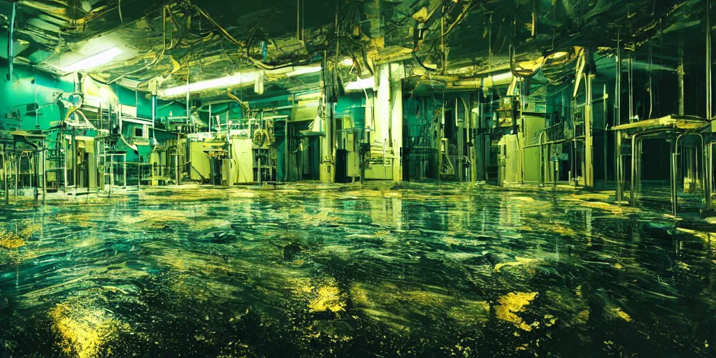 Prompt: realistic painting of a dark sci-fi laboratory at night, dark green ambient, zombiewalking dressed in rags made of guts and veins dripping golden shiny metalic fluid from ribcage to the floor. liquid shiny pool of gold on the floor.