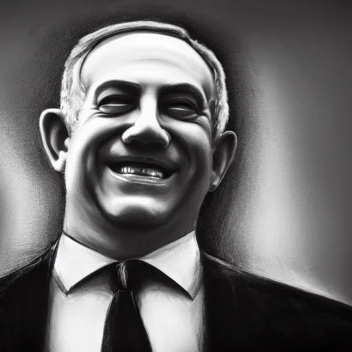 Image similar to Gothic portrait of Benjamin Netanyahu grinning in a dark office, black make up, detailed