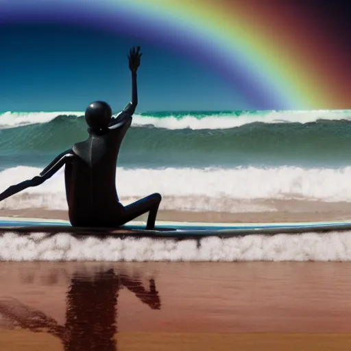 Prompt: 4k cinematic skeleton on a surfboard over a rainbow wave