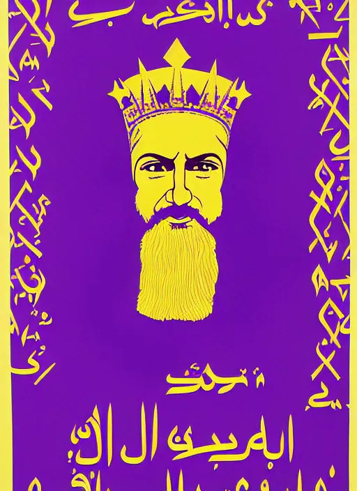 Prompt: Polish posters for Arabic king with long beard wearing purple robes, king's crown, and golden scepter. Screen printed, silkscreen, paper texture. 1968