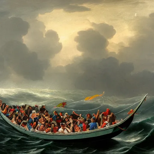 Image similar to a picture of a lot of people in a boat in the middle of a storm.