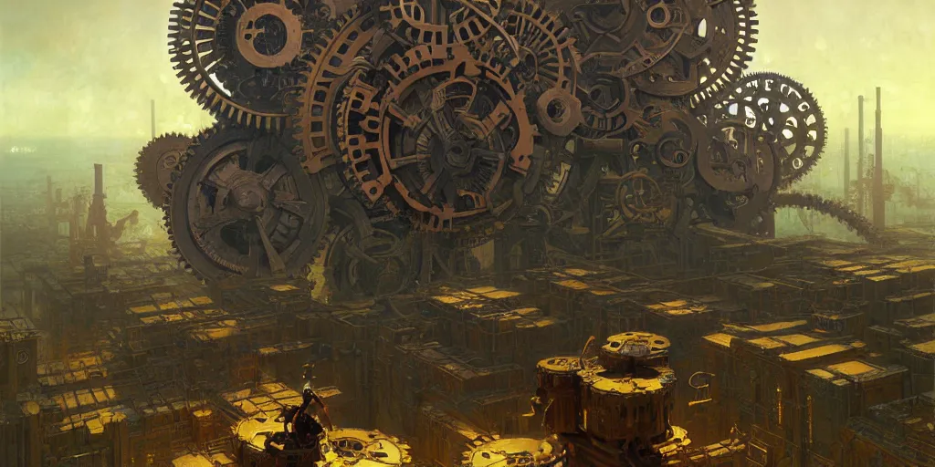 Image similar to giant interlocked gears cogs, giant geometric mechanisms structures floating in space, industry, villages castles, buildings vista artstation illustration sharp focus vista painted by ruan jia raymond swanland lawrence alma tadema zdzislaw beksinski norman rockwell tom lovell alex malveda greg staples