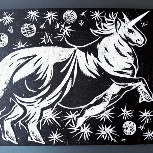 Image similar to black and white flying pig with unicorn horn and white wings woodcut