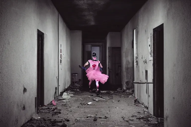 Image similar to batman wearing pink apron wielding an axe, chasing through old brown decrepit hallway, running toward camera, creepy smile, atmospheric eerie lighting, dim lighting, bodycam footage, motion blur, photograph