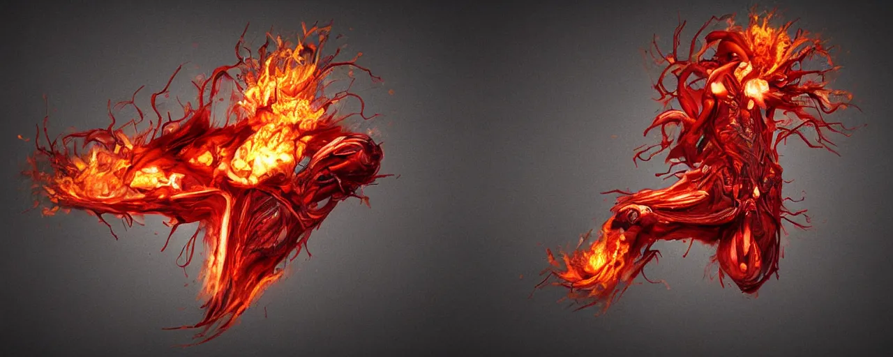 Image similar to atomic, flaming heart, anatomical, expressive, 3 d rendering, speedpainting