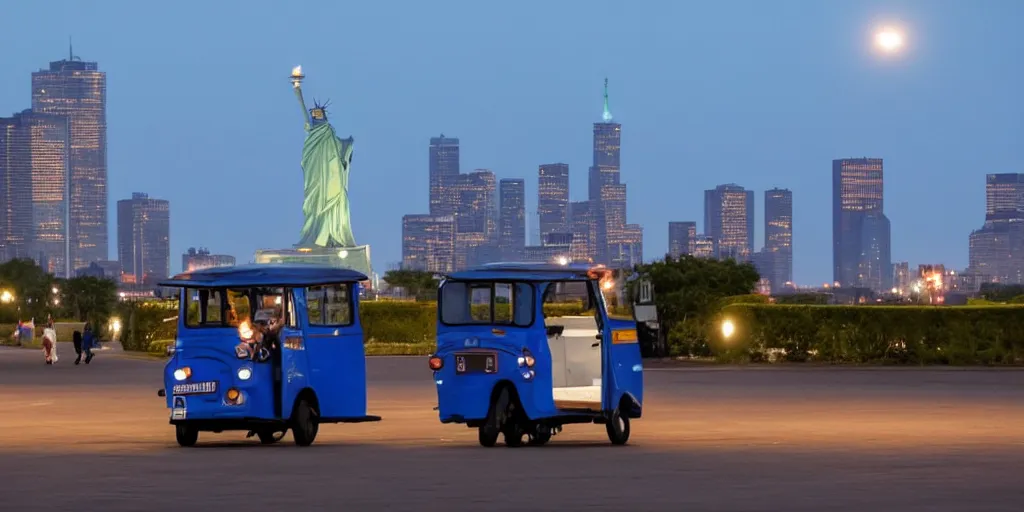 Prompt: a lonely blue tuk tuk with the statue of liberty in the background, night