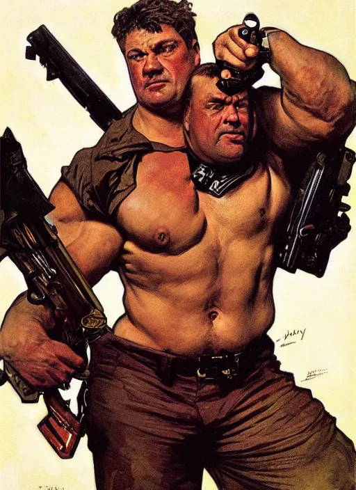 Image similar to gk chesterton as a buff action hero with muscles and a shotgun. portrait by james gurney craig mullins and alphonso mucha. realistic face. expressive.