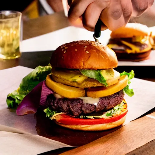 Prompt: the perfect burger, award winning photo, food photography, golden hour, with fries, upside down