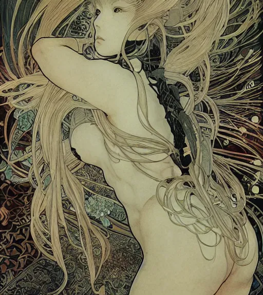 Image similar to yoshitaka amano anime painting, intricate line drawings, pen and ink, alphonse mucha, claire wendling, kentaro miura, ruan jia