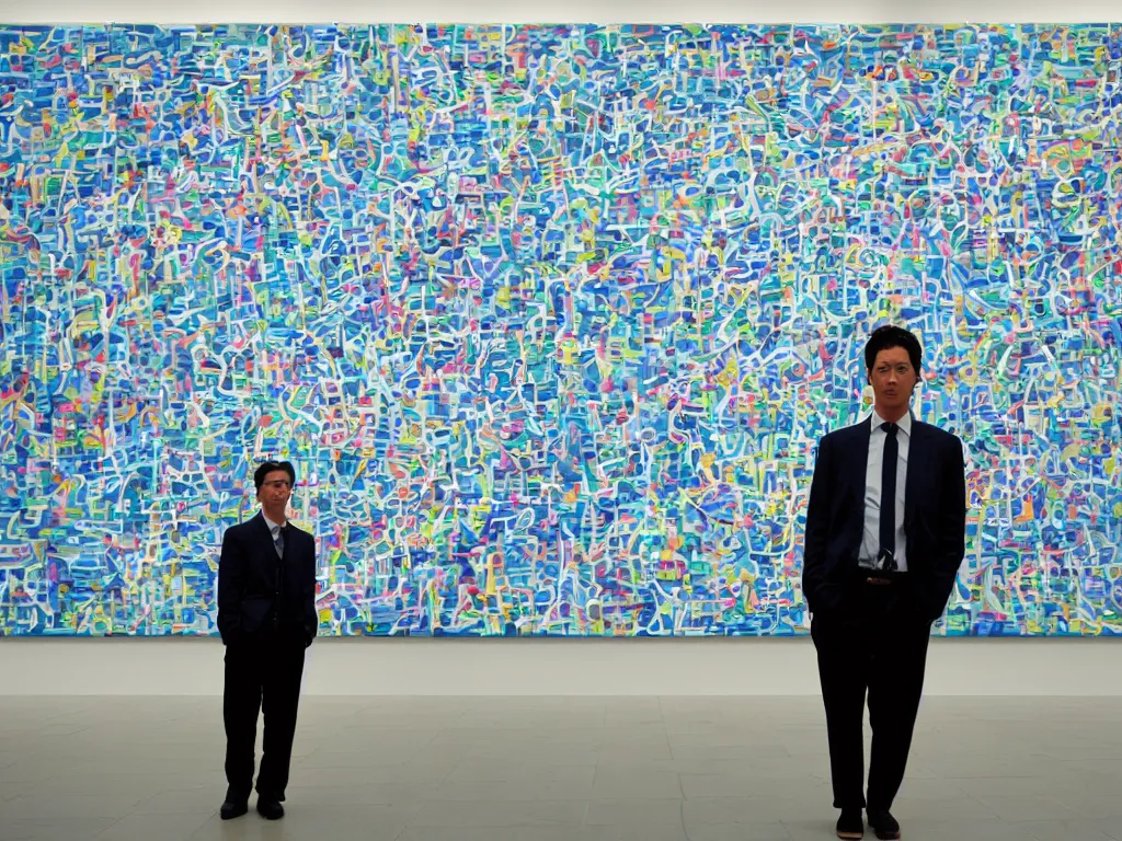 Prompt: ‘The Center of the World’ (office worker at an art gallery, standing in front of a David Hockney swimming pool painting) was filmed in Beijing in April 2013 depicting a white collar office worker. A man in his early thirties – the first single-child-generation in China. Representing a new image of an idealized urban successful booming China.