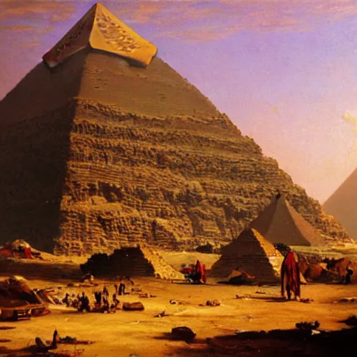 Image similar to The pyramids of Giza turned into a garbage dump, oil painting by Albert Bierstadt