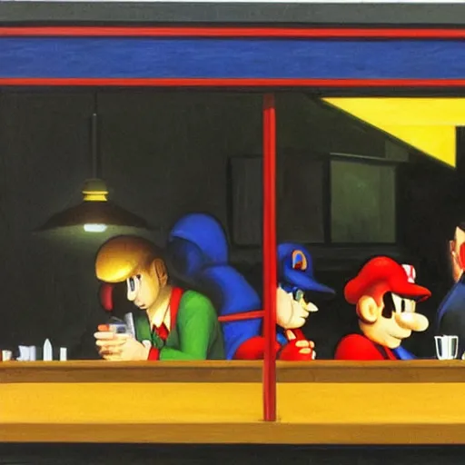 Image similar to nighthawks by hopper, but with super mario characters