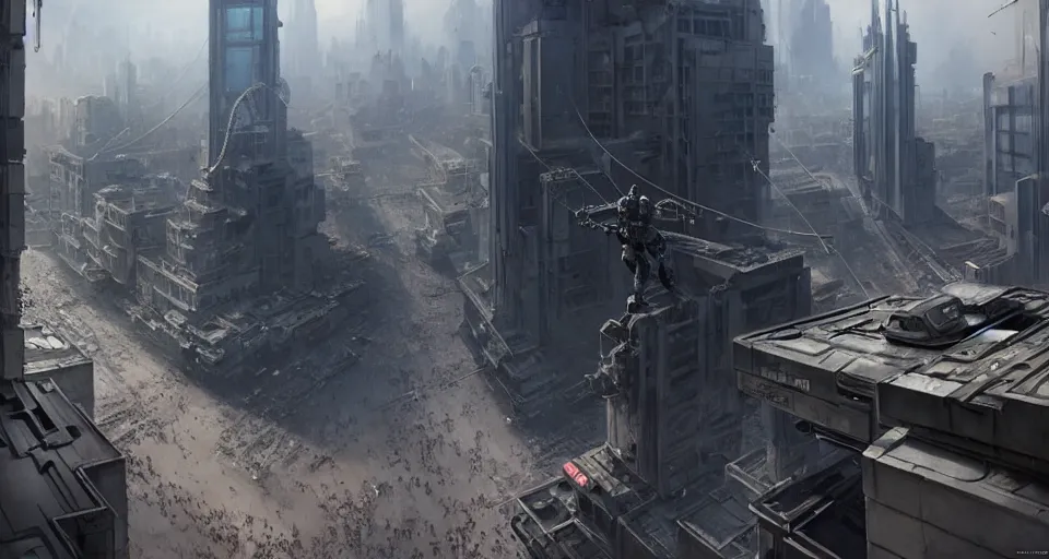 Image similar to hyper realistic sci - fi matte concept art painting of mecha standing on top of a building overlooking war in the streets, beautiful details, strong composition painted by kim jung guweta studio rutkowski, james gurney and greg rutkowski, and lucasfilm, smooth, intricate, detailed, sharp focus, cinematic