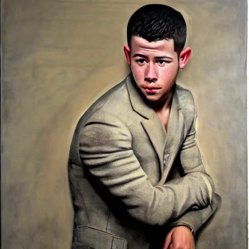 Image similar to high quality, high detail, realistic portrait of nick jonas, painted by andrew wyeth, dramatic lighting, cinematic composition