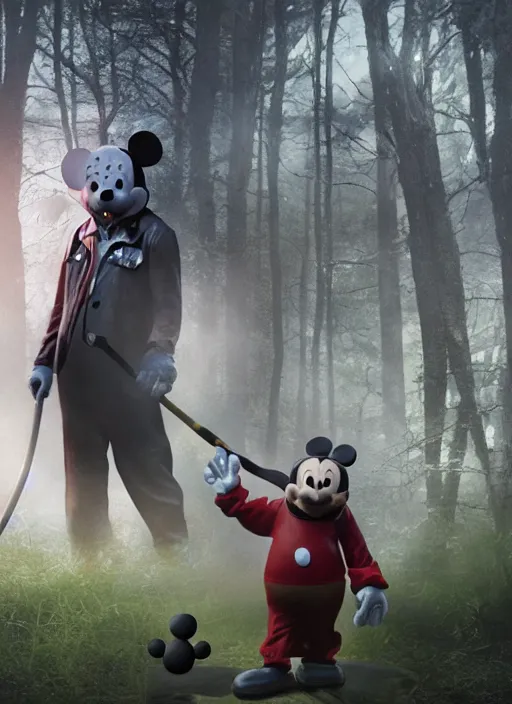 Image similar to Mickey Mouse cast as Jason Voorhees, still from Friday the 13th movie, hyperrealistic, 8k, Octane Render,