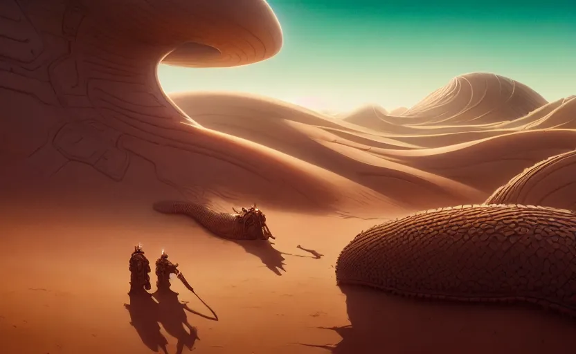 Prompt: highly detailed surreal vfx portrait of battle for dune, arrakis, giant sandworms, stephen bliss, unreal engine, greg rutkowski, loish, rhads, beeple, makoto shinkai and lois van baarle, ilya kuvshinov, rossdraws, tom bagshaw, global illumination, detailed and intricate environment