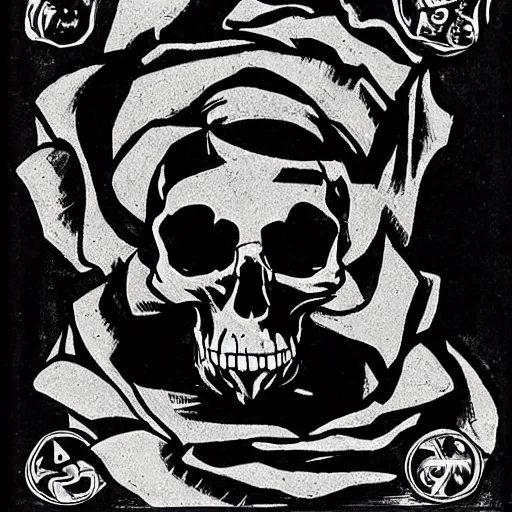 Image similar to Roses growing out of a skull. Centered, Dark Fantasy, Film Noir, Black and White. High Contrast, Mike Mignola, D&D, OSR