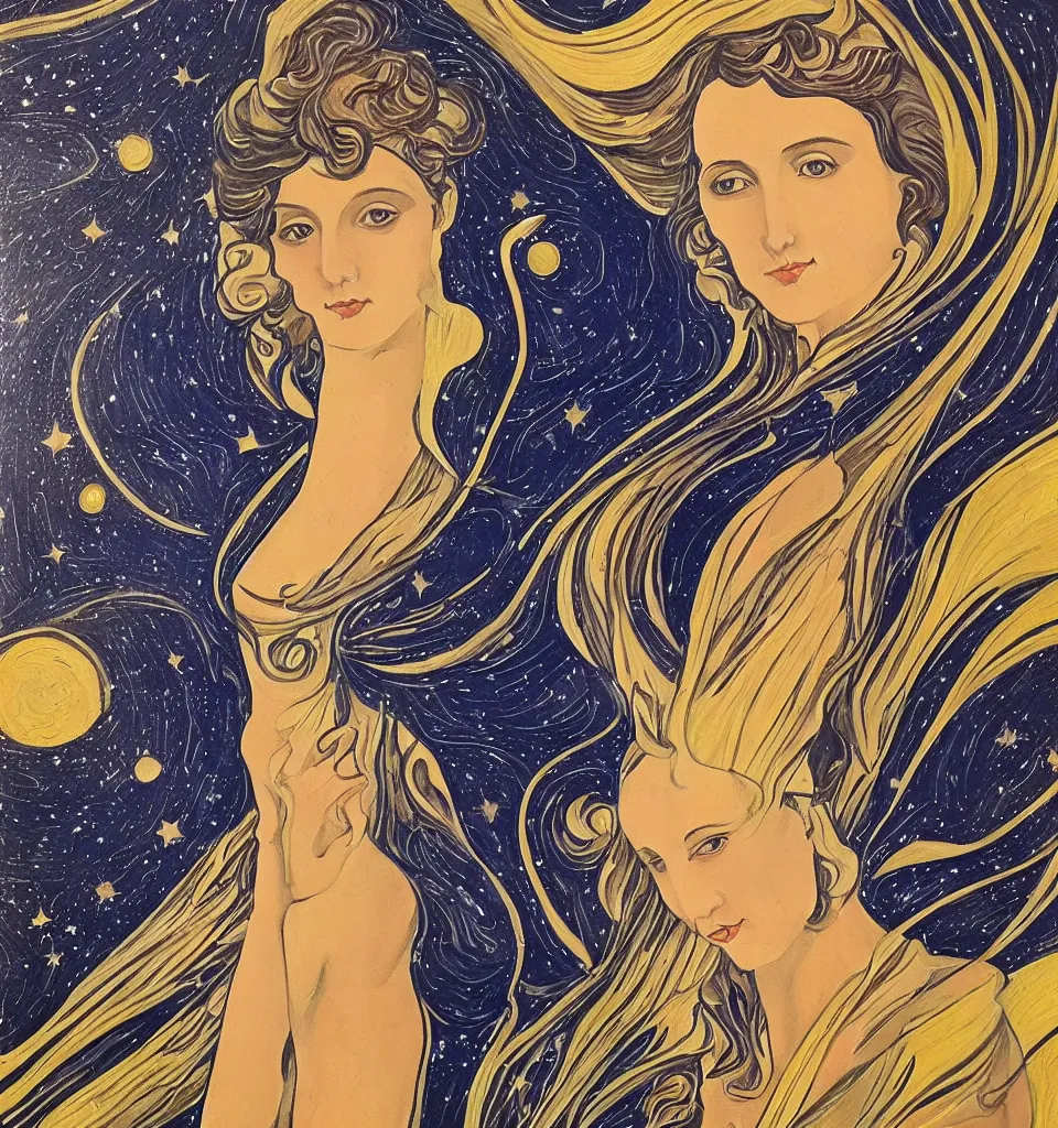 Prompt: an oil painting in the style of art nouveau of a goddess in galactic space