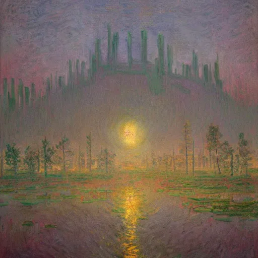 Prompt: a masterpiece oil on canvas painting by Simon Stålenhag and Claude Monet