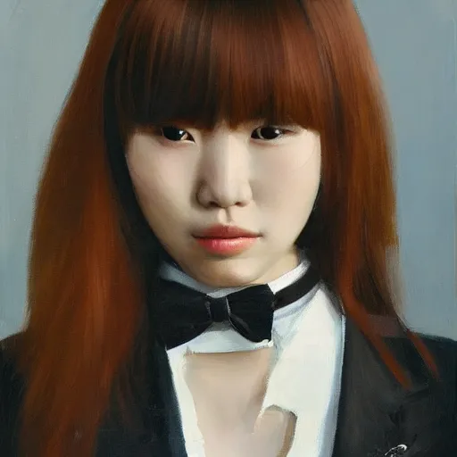 Image similar to portrait of a beautiful korean girl with long hair and bangs wearing a men's tuxedo, angular features, oil on canvas, elegant pose, masterpiece, Jonathan Yeo painting