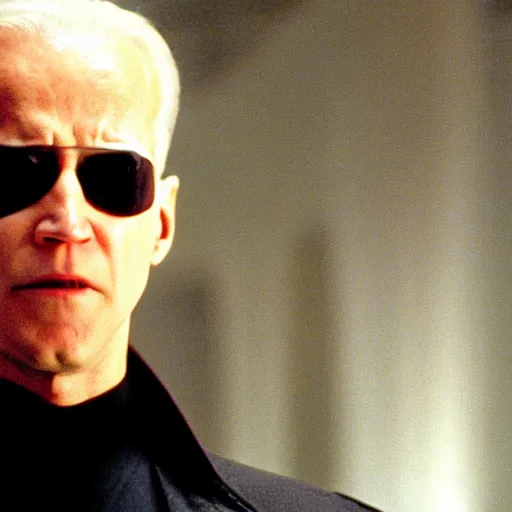 Image similar to a still from the film the matrix, starring joe biden