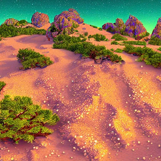 Prompt: rocky desert islands surrounded by steep glittering crystalline cliffs, high quality digital art