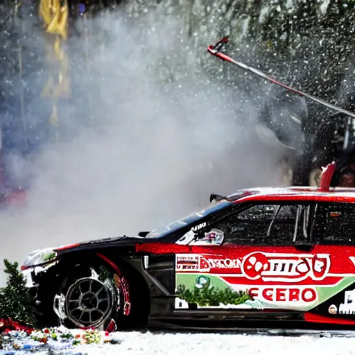 Image similar to Petter Solberg after he crashed into the christmas tree