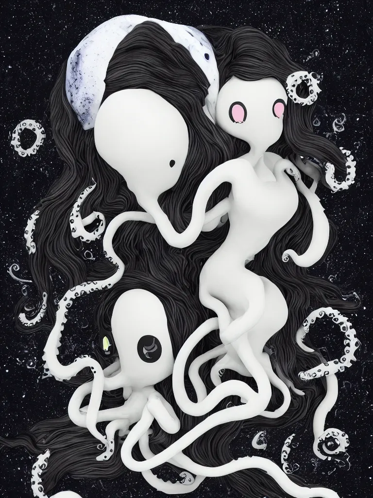 Image similar to cute fumo plush gothic octopus maiden alien girl combing her hair in the waves of the wavering dark galactic abyss, ocean wave thunderstorm and reflective splashing water, black and white, ocean simulation, vignette, vray