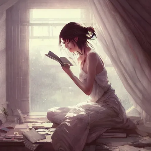 Image similar to awoke to cotton, sweet smell of books, by wlop, artgerm, greg rutkowski