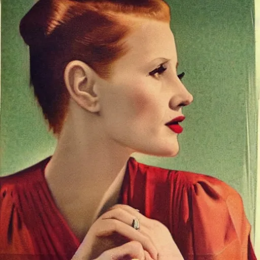 Image similar to “Jessica Chastain portrait, color vintage magazine illustration 1950”