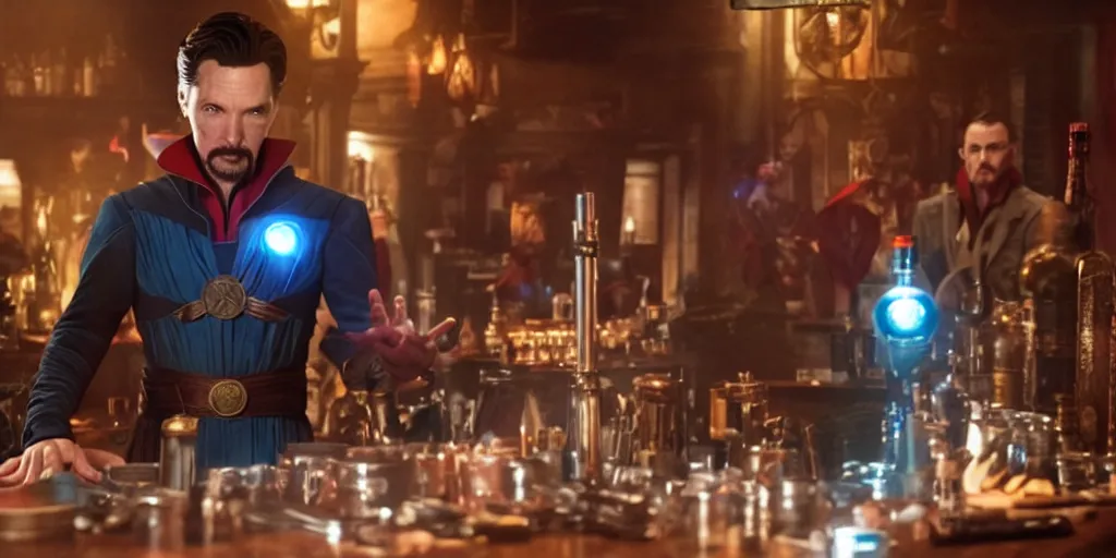 Prompt: film still of Singular Doctor Strange working as a bartender in the new Avengers movie, 4k