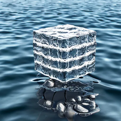 Image similar to a sculpture made of water in the shape of cube, on the ocean water, water manipulation photoshop, cgsociety, cinematic, in the style of johnson tsang, long shot, hyper detailed, hyper realistic, ray tracing, 8 k resolution, sharp focus, realistic water, award winning