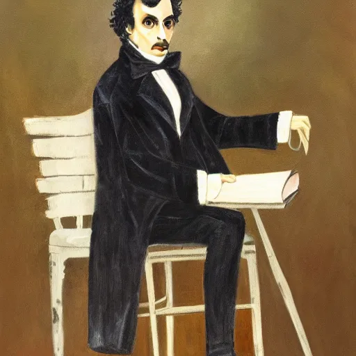 Image similar to award - winning painting of a edgar alan poe, full body shot