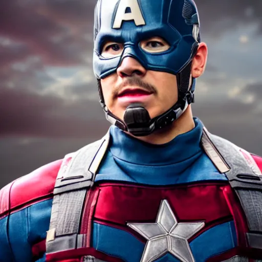 Image similar to Markiplier as Captain America, photorealistic, shot on iphone, cinematic lighting